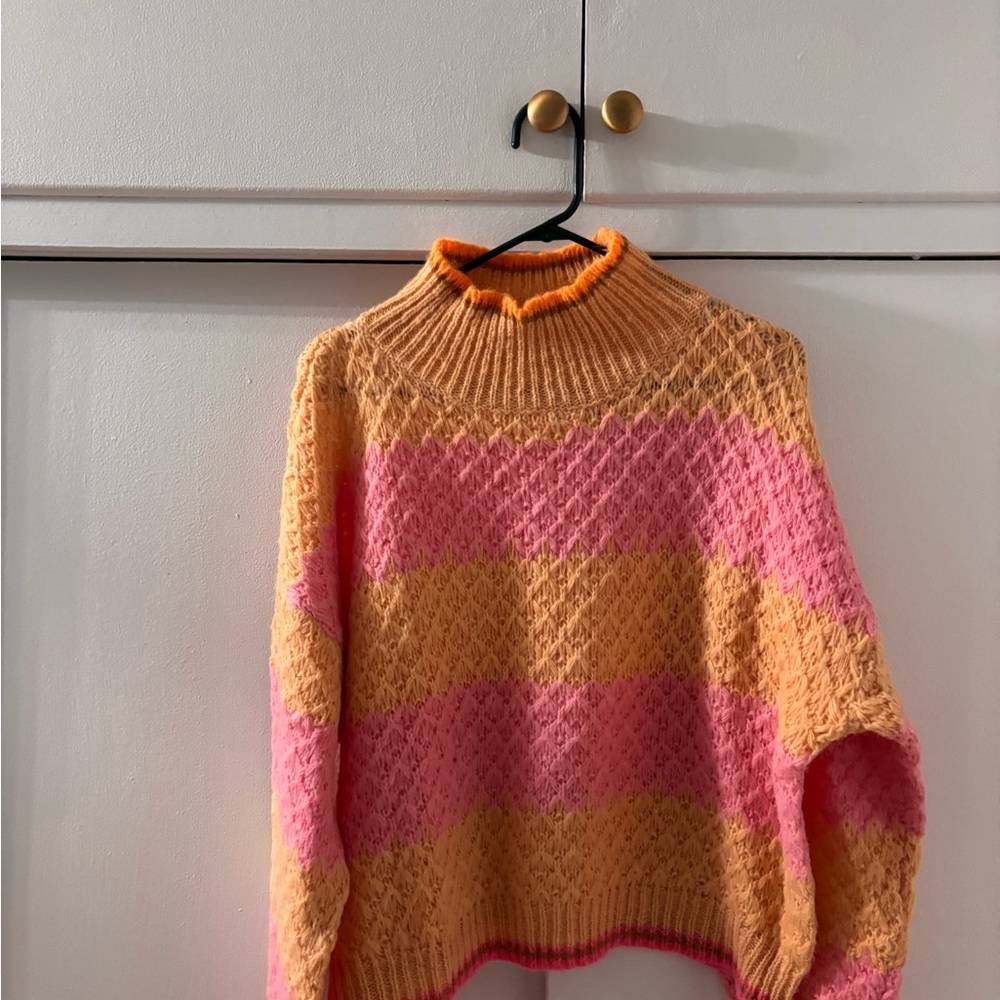 Vibrant Pink and Orange Women's Turtleneck Sweater
